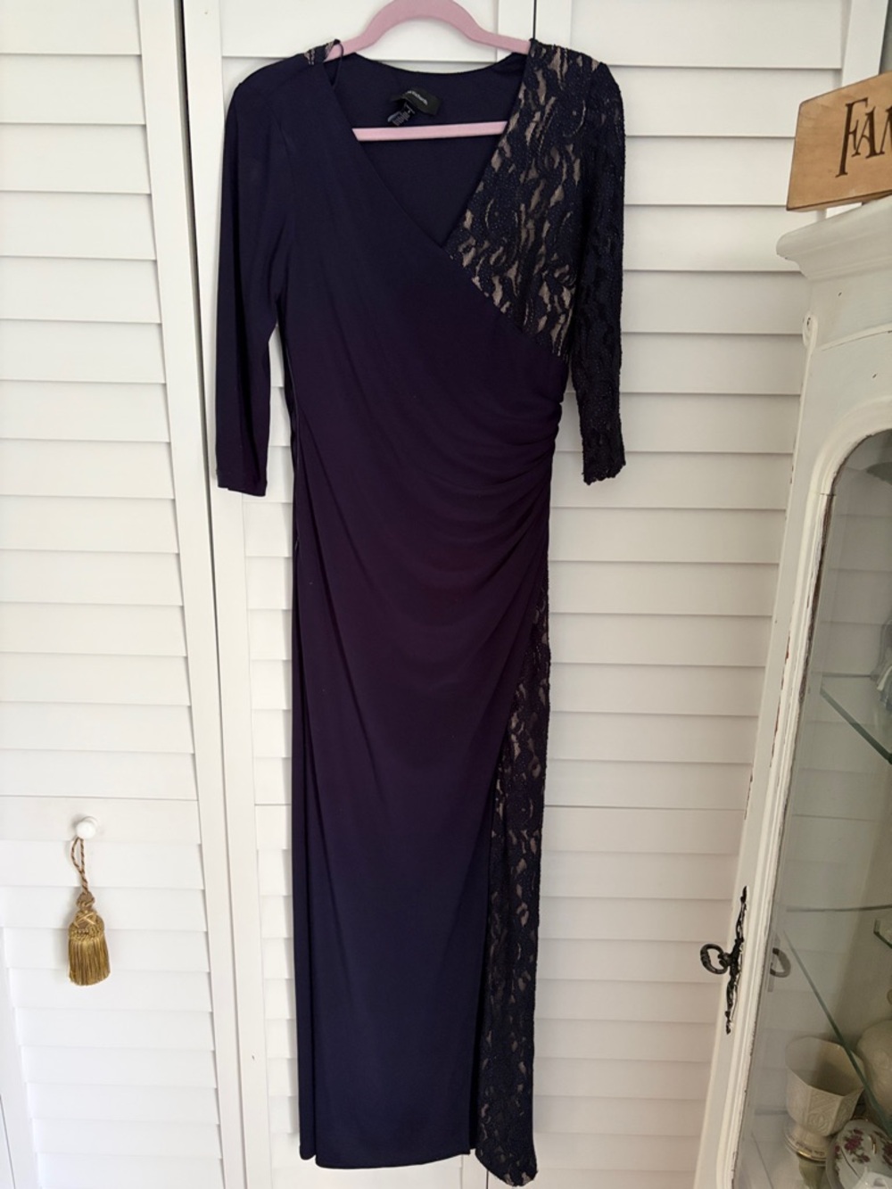R&M Richards Navy Lace-Accent Wrap-Style Long Dress